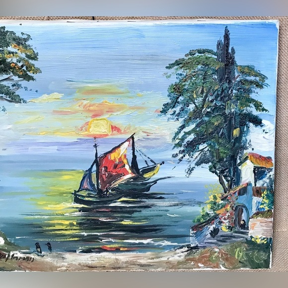 Vintage Signed Oil Painting Sailboat Sunset German Canvas Coastal Landscape - Picture 2 of 6